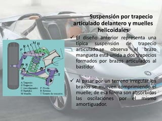 Suspensión por trapecio
 articulado delantero y muelles
           helicoidales
 El diseño anterior representa una
  típica suspensión de trapecio
  articulado.se observa el brazo
  mangueta está unida a dos trapecios
  formados por brazos articulados al
  bastidor.

 Al pasar por un terreno irregular los
  brazos se mueven comprimiendo el
  muelle; de esa forma son absorbidas
  las oscilaciones por el mismo
  amortiguador.
 