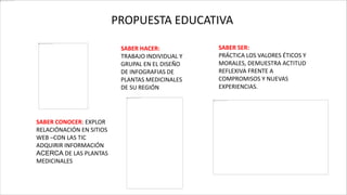 PROPUESTA EDUCATIVA
SABER CONOCER: EXPLOR
RELACIÓNACIÓN EN SITIOS
WEB –CON LAS TIC
ADQUIRIR INFORMACIÓN
ACERCA DE LAS PLANTAS
MEDICINALES
SABER HACER:
TRABAJO INDIVIDUAL Y
GRUPAL EN EL DISEÑO
DE INFOGRAFIAS DE
PLANTAS MEDICINALES
DE SU REGIÓN
SABER SER:
PRÁCTICA LOS VALORES ÉTICOS Y
MORALES, DEMUESTRA ACTITUD
REFLEXIVA FRENTE A
COMPROMISOS Y NUEVAS
EXPERIENCIAS.
 