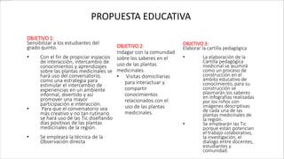 PROPUESTA EDUCATIVA
OBJETIVO 1:
Sensibilizar a los estudiantes del
grado quinto.
• Con el fin de propiciar espacios
de interacción, intercambio de
conocimientos y aprendizajes
sobre las plantas medicinales se
hará uso del conversatorio,
como una estrategia para
estimular el intercambio de
experiencias en un ambiente
informal, divertido y así
promover una mayor
participación e interacción.
• Para que el conversatorio sea
más creativo y no tan rutinario
se hará uso de las Tic diseñando
días positivas de las plantas
medicinales de la región.
• Se empleará la técnica de la
Observación directa
OBJETIVO 2:
Indagar con la comunidad
sobre los saberes en el
uso de las plantas
medicinales.
• Visitas domiciliarias
para interactuar y
compartir
conocimientos
relacionados con el
uso de las plantas
medicinales.
OBJETIVO 3:
Elaborar la cartilla pedagógica
• La elaboración de la
Cartilla pedagógica
medicinal se asumirá
como un proceso de
construcción en el
ámbito educativo de
conocimiento, para su
construcción se
plasmarán los saberes
en Infografías realizadas
por los niños con
imágenes descriptivas
de cada una de las
plantas medicinales de
la región.
• Se emplearán las Tic
porque están potencian
el trabajo colaborativo,
la investigación, el
dialogo entre docentes,
estudiantes y
comunidad.
 