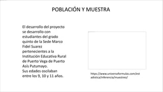 POBLACIÓN Y MUESTRA
El desarrollo del proyecto
se desarrollo con
estudiantes del grado
quinto de la Sede Marco
Fidel Suarez
pertenecientes a la
Institución Educativa Rural
de Puerto Vega de Puerto
Asís Putumayo.
Sus edades oscilaban
entre los 9, 10 y 11 años.
https://www.universoformulas.com/est
adistica/inferencia/muestreo/
 