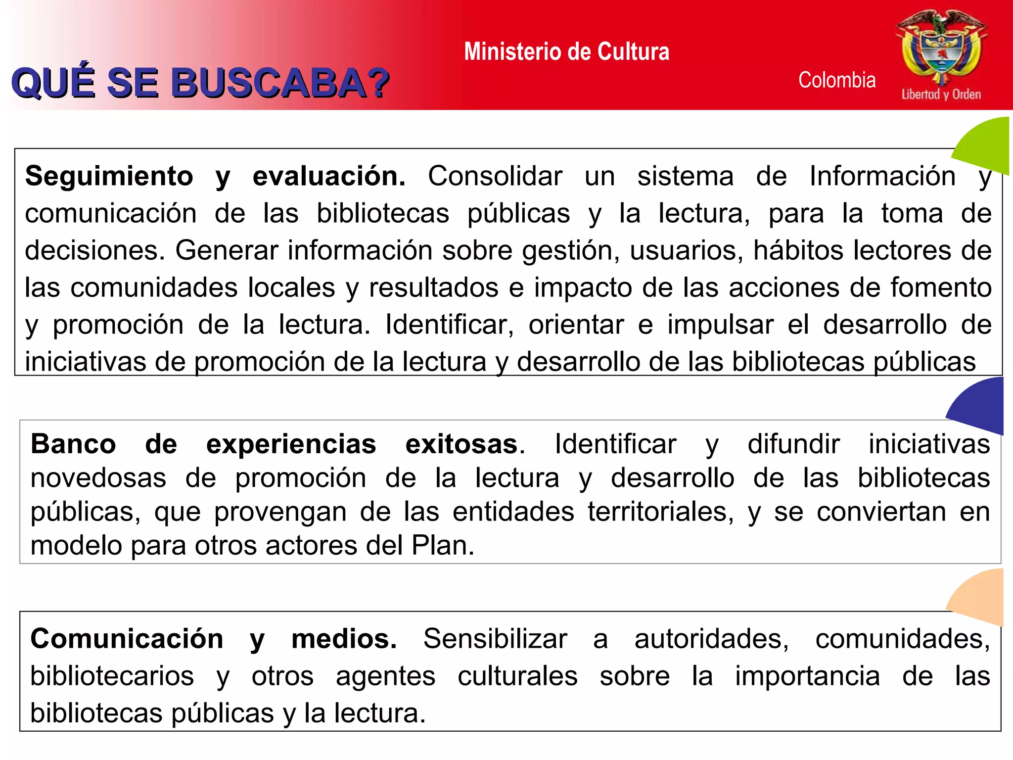 Comunicación y medios.  Sensibilizar a autoridades, comunidades, bibliotecarios y otros agentes culturales sobre la importancia de las bibliotecas públicas y la lectura. Seguimiento y evaluación.  Consolidar un sistema de Información y comunicación de las bibliotecas públicas y la lectura, para la toma de decisiones. Generar información sobre gestión, usuarios, hábitos lectores de las comunidades locales y resultados e impacto de las acciones de fomento y promoción de la lectura. Identificar, orientar e impulsar el desarrollo de iniciativas de promoción de la lectura y desarrollo de las bibliotecas públicas Banco de experiencias exitosas .  Identificar y difundir iniciativas novedosas de promoción de la lectura y desarrollo de las bibliotecas públicas, que provengan de las entidades territoriales, y se conviertan en modelo para otros actores del Plan. QUÉ SE BUSCABA? 