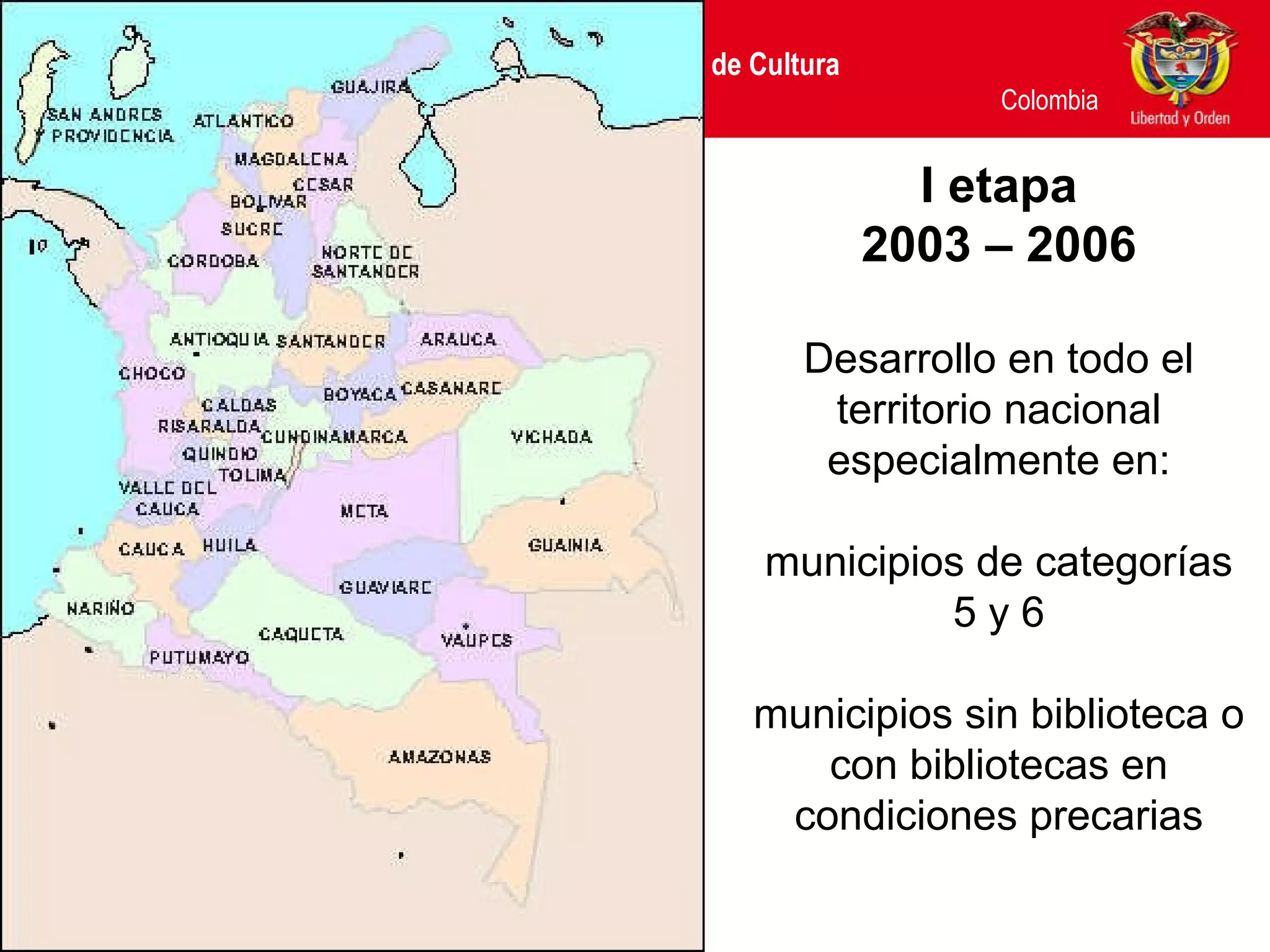 I etapa 2003 – 2006 Desarrollo en todo el territorio nacional especialmente en: municipios de categorías 5 y 6 municipios sin biblioteca o con bibliotecas en condiciones precarias 