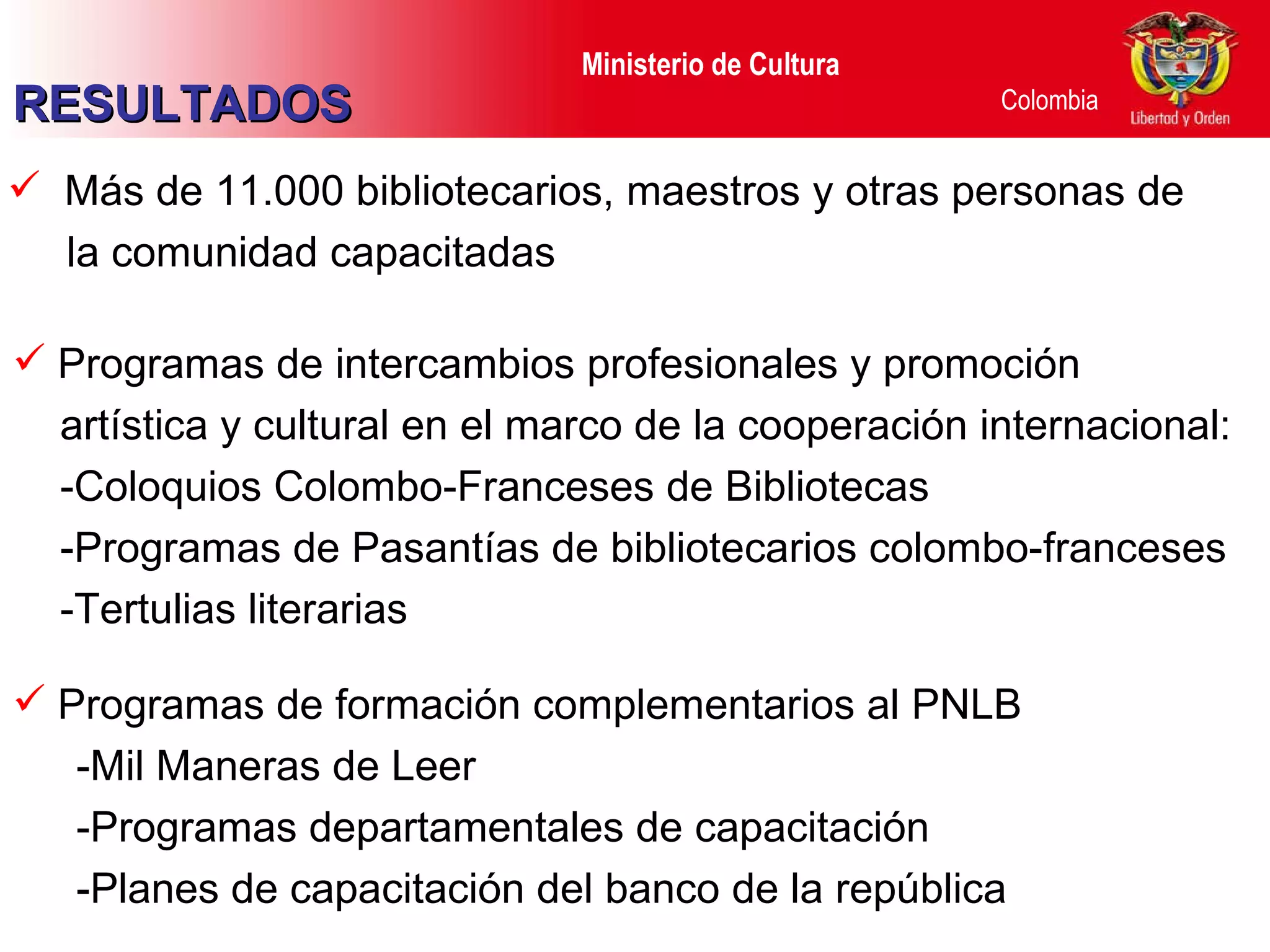 Más de 11.000 bibliotecarios, maestros y otras personas de la comunidad capacitadas RESULTADOS P rogramas de intercambios profesionales y promoción  artística y cultural en el marco de la cooperación internacional:  -Coloquios Colombo-Franceses de Bibliotecas -Programas de Pasantías de bibliotecarios colombo-franceses -Tertulias literarias  Programas de formación complementarios al PNLB -Mil Maneras de Leer -Programas departamentales de capacitación -Planes de capacitación del banco de la república 