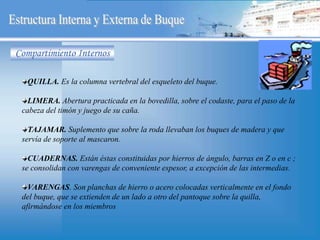 QUILLA. Es la columna vertebral del esqueleto del buque.
LIMERA. Abertura practicada en la bovedilla, sobre el codaste, para el paso de la
cabeza del timón y juego de su caña.
TAJAMAR. Suplemento que sobre la roda llevaban los buques de madera y que
servía de soporte al mascaron.
CUADERNAS. Están éstas constituidas por hierros de ángulo, barras en Z o en c ;
se consolidan con varengas de conveniente espesor, a excepción de las intermedias.
VARENGAS. Son planchas de hierro o acero colocadas verticalmente en el fondo
del buque, que se extienden de un lado a otro del pantoque sobre la quilla,
afirmándose en los miembros
Compartimiento Internos
 
