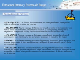 SOBREQUILLA. Los barcos de acero tienen sus correspondientes sobrequillas,
diferenciándose en su situación y forma.
BULARCAMA. Fuerte varenga de hierro que se coloca sobre el forro interior con
ramas hasta los durmientes, endentada a veces en la sobrequilla y palmejares y
empernada siempre con éstos y con la cuaderna sobre la cual va colocada
LIGAZONES. Nombre con que se distingue generalmente a todas las piezas de
construcción y en particular a las que unen y aseguran el esqueleto del buque.
REGALA. Actualmente son muy pocos los buques que llevan esta pieza; se aplica este
nombre (gunwale) a la intersección de una cubierta o de su trancanil, con el cintón
correspondiente.
TRANCANIL. Está éste constituido por una fila de planchas colocadas contra el
costado del buque, que van remachadas sobre los extremos de los baos, pero que no van
sostenidas por éstos, sino que descansan sobre unos curvatones de hierro instalados
verticalmente.
Compartimiento Internos
 