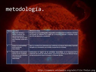 metodología.


Objetivos Específicos                   Método de trabajo
1        Desarrollar técnicas y         Estudiar los recursos bibliográficos disponibles en la búsqueda de artefactos o técnicas
         fabricar artefactos de         que puedan ser utilizados en la región de La Araucanía enfocado a viviendas rurales
         aprovechamiento de             con el fin de fabricarlos y estudiarlos.
         energía solar de bajo costo
         para viviendas rurales de la
         zona.


2        Evaluar la sustentabilidad     Hacer un estudio de los elementos que conforman el producto desarrollado, haciendo
         de los productos               hincapié en su vinculación con el medio y proyección en el tiempo.
         desarrollados

3        Desarrollar un documento       Confeccionar un registro de las actividades desarrolladas en el transcurso de la
         técnico con los resultados     realización de la tesis de carácter técnico, con el fin de culminar en un Manual Técnico
         del proyecto para transferir   de Aprovechamiento Pasivo de Energía en Viviendas Rurales.
         el conocimiento
         desarrollado




                                                       http://commons.wikimedia.org/wiki/File:TheSun.png
 