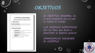 OBJETIVOS
EL OBJETIVO GENERAL: Es
el gran propósito por el cual
se realiza el trabajo.
LOS OBJEIVOS ESPECIFICOS:
Son los fines que llevan a
desarrollar el objetivo general.
ORGANíZALOS SIGUIENDO
EL EJEMPLO.
 