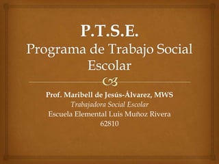 Prof. Maribell de Jesús-Álvarez, MWS
Trabajadora Social Escolar
Escuela Elemental Luis Muñoz Rivera
62810
 
