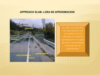 APPROACH SLAB- LOSA DE APROXIMACION




                           Se utiliza para describir
                            una aproximación con
                             un concreto de losa
                           reforzado. Una losa de
                          aproximación se usa para
                          prevenir el asentamiento
                              del pavimento de
                                aproximación.
 