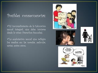 Posibles consecuencias:  El incumplimiento de la Educación sexual integral, que debe iniciarse desde la niñez (Derechos Sexuales). La explotación sexual que reflejan los medios en: las novelas, películas, series, entre otros,  