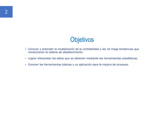 Objetivos
2
• Conocer y entender la modelización de la confiabilidad y las 10 mega tendencias que
revolucionan la cadena de abastecimiento.
• Lograr interpretar los datos que se obtienen mediante las herramientas estadísticas.
• Conocer las herramientas básicas y su aplicación para la mejora de procesos.
 