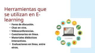 Herramientas que
se utilizan en E-
learning
• Foros de discusión.
• Chat en vivo.
• Videoconferencias.
• Cuestionarios en línea.
• Materiales didácticos
interactivos.
• Evaluaciones en línea, entre
otras.
 