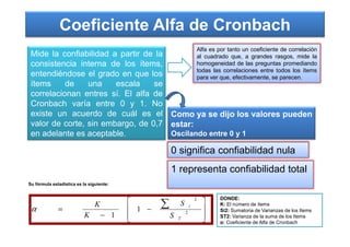 Coeficiente Alfa de Cronbach
Mide la confiabilidad a partir de la
consistencia interna de los ítems,
entendiéndose el grado en que los
ítems de una escala se
correlacionan entres sí. El alfa de
Cronbach varía entre 0 y 1. No
existe un acuerdo de cuál es el
valor de corte, sin embargo, de 0,7
Como ya se dijo los valores pueden
estar:
Alfa es por tanto un coeficiente de correlación
al cuadrado que, a grandes rasgos, mide la
homogeneidad de las preguntas promediando
todas las correlaciones entre todos los ítems
para ver que, efectivamente, se parecen.
valor de corte, sin embargo, de 0,7
en adelante es aceptable.
estar:
Oscilando entre 0 y 1
0 significa confiabilidad nula
1 representa confiabilidad total








−
−
=
∑
2
2
1
1 T
i
S
S
K
K
α
Su fórmula estadística es la siguiente:
DONDE:
K: El número de ítems
Si2: Sumatoria de Varianzas de los Items
ST2: Varianza de la suma de los Items
α: Coeficiente de Alfa de Cronbach
 