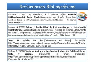 Referencias Bibliográficas
Pacheco, T; Díaz, N; Pernalette, F Y Garban, E(SF). Formula
KR20.Universidad Santa María[Documento en Línea]. Disponible:
usmticseducacion-e20.wikispaces.com/file/view/KR20.pptx. [Consulta:
2014, Marzo 15].
Ramos, A (2010).Validez y Confiabilidad de Instrumentos en la Investigación
Cuantitativa.(Universidad Nacional Experimental Francisco de Miranda).[Documento
en Línea]. Disponible: http://es.slideshare.net/maule/validez-y-confiabilidad-de-
Tema IV. Validez del Test.[Documento en Línea]. Disponible:
http://www.uam.es/personal_pdi/psicologia/cadalso/Docencia/Psicometria/Apunte
s/tema4TyP_4.pdf. [Consulta: 2014, Marzo 15].
Vallejo, P (2007).Estadística Aplicada a las Ciencias Sociales (La fiabilidad de los
tests y escalas). [Documento en Línea]. Disponible:
http://web.upcomillas.es/personal/peter/estadisticabasica/Fiabilidad.pdf.
[Consulta: 2014, Marzo 10].
en Línea]. Disponible: http://es.slideshare.net/maule/validez-y-confiabilidad-de-
instrumentos-en-la-investigacin-cuantitativa. [Consulta: 2014, Marzo 15].
 