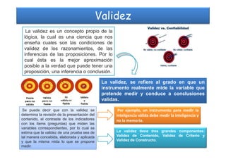 Validez
La validez es un concepto propio de la
lógica, la cual es una ciencia que nos
enseña cuales son las condiciones de
validez de los razonamientos, de las
inferencias de las proposiciones. Por lo
cual ésta es la mejor aproximación
posible a la verdad que puede tener una
proposición, una inferencia o conclusión.
La validez, se refiere al grado en que unLa validez, se refiere al grado en que un
instrumento realmente mide la variable que
pretende medir y conduce a conclusiones
validas.
Se puede decir que con la validez se
determina la revisión de la presentación del
contenido, el contraste de los indicadores
con los ítems (preguntas) que miden las
variables correspondientes, por lo cual se
estima que la validez de una prueba sea de
tal manera concebida, elaborada y aplicada
y que la misma mida lo que se propone
medir.
Por ejemplo, un instrumento para medir la
inteligencia válida debe medir la inteligencia y
no la memoria.
La validez tiene tres grandes componentes:
Validez de Contenido, Validez de Criterio y
Validez de Constructo.
 