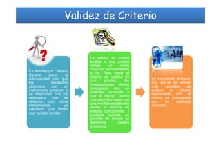Validez de Criterio
Es definida por Casiano
Sandra como la
adecuacidad con que
La validez de criterio
evalúa si una prueba
refleja un cierto
conjunto de habilidades
o no. Para medir el
criterio de validez de
Es importante destacaradecuacidad con que
los resultados
obtenidos con un
instrumento predicen o
se relacionan con los
resultados que se
obtienen con otros
instrumentos ya
validados que miden
una variable similar
criterio de validez de
una prueba, los
investigadores deben
compararlo con un
estándar conocido o
con él mismo. Donde
comparar la prueba con
una medida establecida
recibe el nombre de
validez concurrente; y
probarla durante un
período de tiempo se
denomina validez
predictiva.
Es importante destacar
que una de las formas
más sencillas de
evaluar la validez
relacionada con el
criterio es compararla
con un estándar
conocido.
 