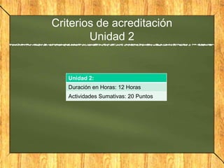 Criterios de acreditación
Unidad 2
Unidad 2:
Duración en Horas: 12 Horas
Actividades Sumativas: 20 Puntos
 