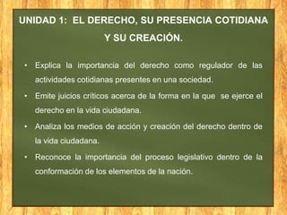 UNIDAD 1: EL DERECHO, SU PRESENCIA COTIDIANA
Y SU CREACIÓN.
• Explica la importancia del derecho como regulador de las
actividades cotidianas presentes en una sociedad.
• Emite juicios críticos acerca de la forma en la que se ejerce el
derecho en la vida ciudadana.
• Analiza los medios de acción y creación del derecho dentro de
la vida ciudadana.
• Reconoce la importancia del proceso legislativo dentro de la
conformación de los elementos de la nación.
 