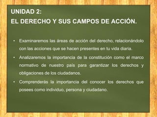 UNIDAD 2:
EL DERECHO Y SUS CAMPOS DE ACCIÓN.
• Examinaremos las áreas de acción del derecho, relacionándolo
con las acciones que se hacen presentes en tu vida diaria.
• Analizaremos la importancia de la constitución como el marco
normativo de nuestro país para garantizar los derechos y
obligaciones de los ciudadanos.
• Comprenderás la importancia del conocer los derechos que
posees como individuo, persona y ciudadano.
 