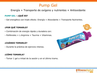 Pump Gel
      Energía + Transporte de oxígeno y nutrientes + Antioxidante

PUMP GEL - ¿QUÉ ES?

- Gel energético con triple efecto: Energía + Atioxidante + Transporte Nutrientes.



¿POR QUÉ TOMARLO?

- Combinación de energía rápida y duradera con:

- Polifenoles + L-Arginina + Taurina + Vitaminas.



¿CUÁNDO TOMARLO?

- Durante la práctica de ejercicio intenso.



¿CÓMO TOMARLA?

- Tomar 1 gel a mitad de la sesión y en el último tramo.
 