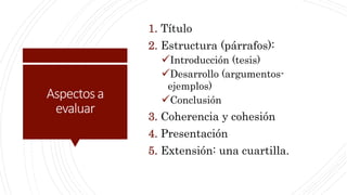 Aspectosa
evaluar
1. Título
2. Estructura (párrafos):
Introducción (tesis)
Desarrollo (argumentos-
ejemplos)
Conclusión
3. Coherencia y cohesión
4. Presentación
5. Extensión: una cuartilla.
 
