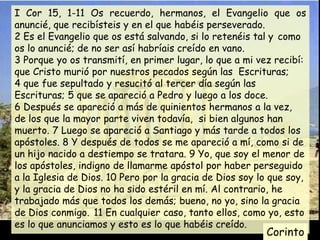 I Cor 15, 1-11 Os recuerdo, hermanos, el Evangelio que os
anuncié, que recibísteis y en el que habéis perseverado.
2 Es el Evangelio que os está salvando, si lo retenéis tal y como
os lo anuncié; de no ser así habríais creído en vano.
3 Porque yo os transmití, en primer lugar, lo que a mi vez recibí:
que Cristo murió por nuestros pecados según las Escrituras;
4 que fue sepultado y resucitó al tercer día según las
Escrituras; 5 que se apareció a Pedro y luego a los doce.
6 Después se apareció a más de quinientos hermanos a la vez,
de los que la mayor parte viven todavía, si bien algunos han
muerto. 7 Luego se apareció a Santiago y más tarde a todos los
apóstoles. 8 Y después de todos se me apareció a mí, como si de
un hijo nacido a destiempo se tratara. 9 Yo, que soy el menor de
los apóstoles, indigno de llamarme apóstol por haber perseguido
a la Iglesia de Dios. 10 Pero por la gracia de Dios soy lo que soy,
y la gracia de Dios no ha sido estéril en mí. Al contrario, he
trabajado más que todos los demás; bueno, no yo, sino la gracia
de Dios conmigo. 11 En cualquier caso, tanto ellos, como yo, esto
es lo que anunciamos y esto es lo que habéis creído.
                                                         Corinto
 