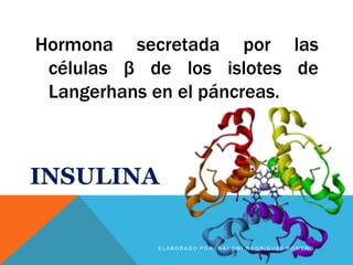 INSULINA
Hormona secretada por las
células β de los islotes de
Langerhans en el páncreas.
E L A B O R A D O P O R : N A H O M I R O D R Í G U E Z R O M E R O
 