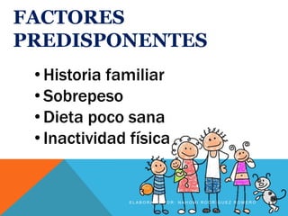 FACTORES
PREDISPONENTES
• Historia familiar
• Sobrepeso
• Dieta poco sana
• Inactividad física
E L A B O R A D O P O R : N A H O M I R O D R Í G U E Z R O M E R O
 