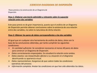 Pasos previos a la construcción de un Diagrama de
Dispersión

Paso 1: Elaborar una teoría admisible y relevante sobre la supuesta
relación entre dos variables

Este paso previo es de gran importancia, puesto que el análisis de un Diagrama
de Dispersión permite obtener conclusiones sobre la existencia de una relación
entre dos variables, no sobre la naturaleza de dicha relación.

Paso 2: Obtener los pares de datos correspondientes a las dos variables

Al igual que en cualquier otra herramienta de análisis de datos, éstos son la
base de las conclusiones obtenidas, por tanto cumplirán las siguientes
condiciones:
 En cantidad suficiente: Se consideran necesarios al menos 40 pares de datos
     para construir un Diagrama de Dispersión.
 Datos correctamente emparejados: Se estudiará la relación entre ambos.
 Datos exactos: Las inexactitudes afectan a su situación en el diagrama
     desvirtuando su apariencia visual.
 Datos representativos: Asegúrese de que cubren todas las condiciones
     operativas del proceso.
 Información completa: Anotar las condiciones en que han sido obtenidos los datos.
 