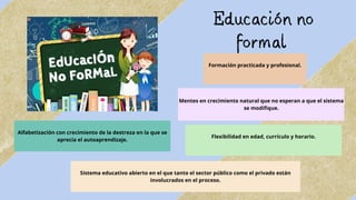 Mentes en crecimiento natural que no esperan a que el sistema
se modifique.
Alfabetización con crecimiento de la destreza en la que se
aprecia el autoaprendizaje.
Formación practicada y profesional.
Educación no
formal
Flexibilidad en edad, currículo y horario.
Sistema educativo abierto en el que tanto el sector público como el privado están
involucrados en el proceso.
 