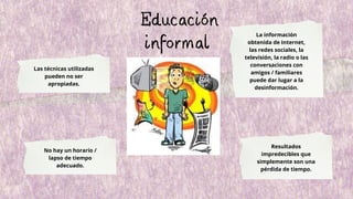 Educación
informal
La información
obtenida de Internet,
las redes sociales, la
televisión, la radio o las
conversaciones con
amigos / familiares
puede dar lugar a la
desinformación.
Las técnicas utilizadas
pueden no ser
apropiadas.
No hay un horario /
lapso de tiempo
adecuado.
Resultados
impredecibles que
simplemente son una
pérdida de tiempo.
 