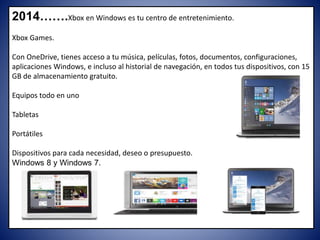 2014…….Xbox en Windows es tu centro de entretenimiento.
Xbox Games.
Con OneDrive, tienes acceso a tu música, películas, fotos, documentos, configuraciones,
aplicaciones Windows, e incluso al historial de navegación, en todos tus dispositivos, con 15
GB de almacenamiento gratuito.
Equipos todo en uno
Tabletas
Portátiles
Dispositivos para cada necesidad, deseo o presupuesto.
Windows 8 y Windows 7.
 