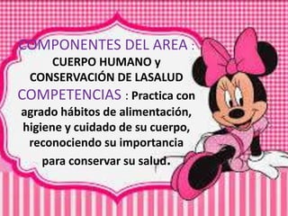 COMPONENTES DEL AREA :
CUERPO HUMANO y
CONSERVACIÓN DE LASALUD
COMPETENCIAS : Practica con
agrado hábitos de alimentación,
higiene y cuidado de su cuerpo,
reconociendo su importancia
para conservar su salud.
 