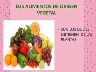 LOS ALIMENTOS DE ORIGEN
VEGETAL
• SON LOS QUE SE
OBTIENEN DE LAS
PLANTAS
 