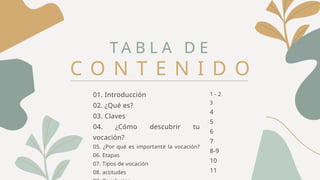T A B L A D E
C O N T E N I D O
01. Introducción
02. ¿Qué es?
03. Claves
04. ¿Cómo descubrir tu
vocación?
05. ¿Por qué es importante la vocación?
06. Etapas
07. Tipos de vocación
08. actitudes
1 - 2
3
4
5
6
7
8-9
10
11
 