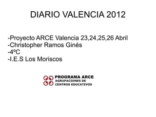 DIARIO VALENCIA 2012

-Proyecto ARCE Valencia 23,24,25,26 Abril
-Christopher Ramos Ginés
-4ºC
-I.E.S Los Moriscos
 