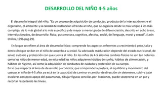 DESARROLLO DEL NIÑO 4-5 años
El desarrollo integral del niño, “Es un proceso de adquisición de conductas, producto de la interacción entre el
organismo, el ambiente y la calidad de instrucción ofrecida al niño, que se organiza desde lo más simple a los más
complejo, de lo más global a lo más específico y de mayor a menor grado de diferenciación, descrito en ocho áreas,
interrelacionados, de desarrollo: física, psicomotora, cognitiva, afectiva, social, del lenguaje, moral y sexual”. (León
Chilina,1996.pag.29).
En lo que se refiere al área de desarrollo físico: comprende los aspectos referentes a crecimiento ( peso, talla y
dentición) que se dan en el niño de acuerdo a su edad. Su adecuada maduración depende del estado nutricional, de
salud, cuidado y protección con que cuenta el niño. En los niños de 4-5 años los cambios físicos no son tan notorios
como los niños de menor edad, en esta edad los niños adquieren hábitos de sueño, hábitos de alimentación, y
hábitos de higiene, así como la adquisición de conductas de cuidado y protección de su cuerpo.
En lo que respecta al área de desarrollo psicomotor, que comprende la postura, el equilibrio y movimiento del
cuerpo, el niño de 4-5 años ya está en la capacidad de caminar y cambiar de dirección sin detenerse, subir y bajar
escaleras con poco apoyo del pasamanos, dibujar figuras sencillas por Iitaciones, puede sostenerse en un pie y
recortar respetando las líneas.
 