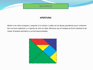 APERTURA
Mostrar a los niños el tangram y preguntar si lo conocen y cuáles son las figuras geométricas que lo conforman.
Dar una breve explicación y un ejemplo de cómo se utiliza. Mencionar que se trabajará de forma individual en las
mesas. El tangram será blanco y con las líneas punteadas.
SECUENCIA
 