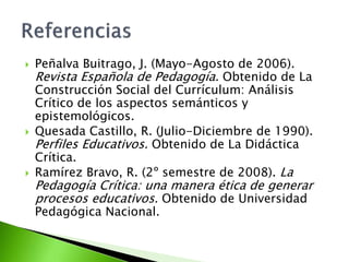  Peñalva Buitrago, J. (Mayo-Agosto de 2006).
Revista Española de Pedagogía. Obtenido de La
Construcción Social del Currículum: Análisis
Crítico de los aspectos semánticos y
epistemológicos.
 Quesada Castillo, R. (Julio-Diciembre de 1990).
Perfiles Educativos. Obtenido de La Didáctica
Crítica.
 Ramírez Bravo, R. (2º semestre de 2008). La
Pedagogía Crítica: una manera ética de generar
procesos educativos. Obtenido de Universidad
Pedagógica Nacional.
 