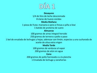 Desayuno
1/4 de litro de leche descremada
8 claras de huevo cocidas
Media Mañana
1 pieza de fruta: manzana o pera o fresas o piña o kiwi
1 batido de proteína de suero
Almuerzo
100 gramos de arroz integral hervido
250 gramos de ternera o pollo o pavo
1 bol de ensalada de lechugas y hojas; aderezar con limón, especias y una cucharada de
aceite de oliva extra virgen
Media Tarde
100 gramos de verduras al vapor
200 gramos de atún en agua
Cena
200 gramos de pollo horneado o a la plancha
1 Ensalada de lechuga y zanahorias

 