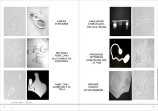 LÁMINA          PABRLLONRD
                         PERFORADA        CONESCTADOS
                                         POR UNA LÁMINA




                          MÚLTIPLES
                         PABELLONES       PABELLONES
                                          SEPARADOS
                       QUE FORMAN UN
                         RECORRIDO      CONECTADOS POR
                                            UN HILO

                                                              e
                                                              0
                                                              3

                                                              B
                                                              O

                        PABELLONES        ENTRADA:            N
                                                              I
                       ADOSADOS A LA       ESCISIÓN
                                                              T
                           TAPIA       DE UN PABELLÓN         O




    GOTAS EN EL AGUA
4                                                         4
    3
 