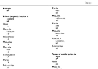 Índice

Prólogo                       Planta
   07                             baja
                                  31
Primer proyecto: habitar el   Maqueta
    espacio                       volúmenes
    09                            32
Ideas                         Planta
    11                            alta
                                  33
Mapa de
    situación                 Maqueta
    12                            estructura
                                  34
Referencias
    13                        Alzados y
                                  secciones
Maquetas
                                  35
    14
                              Fotomontaje
Maqueta
                                  36
    final
    15
Construcción                  Tercer proyecto: gotas de
    17                            agua
                                  37
Planos
    19                        Ideas
                                  39
Fotomontaje
    20                        Mapa de
 