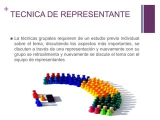 +
TECNICA DE REPRESENTANTE
 La técnicas grupales requieren de un estudio previo individual
sobre el tema, discutiendo los aspectos más importantes, se
discuten a través de una representación y nuevamente con su
grupo se retroalimenta y nuevamente se discute el tema con el
equipo de representantes
 