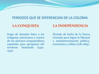 PERIODOS QUE SE DIFERENCIAN DE LA COLONIA

    LA CONQUISTA                  LA INDEPENDENCIA

Etapa de dominio físico a los     Periodo de lucha de la Nueva
indígenas americanos a manos      Granada para lograr la libertad
de los ejércitos conquistadores   y autodeterminación política,
españoles para apropiarse del     económica y militar (1781-1819).
territorio dominado (1492-
1550).
 
