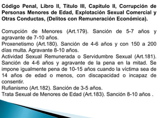 Código Penal, Libro II, Título III, Capítulo II, Corrupción de Personas Menores de Edad, Explotación Sexual Comercial y Otras Conductas, (Delitos con Remuneración Económica).Corrupción de Menores (Art.179). Sanción de 5-7 años y agravante de 7-10 años.Proxenetismo (Art.180). Sanción de 4-6 años y con 150 a 200 días multa. Agravante 8-10 años.Actividad Sexual Remunerada o Servidumbre Sexual (Art.181). Sanción de 4-6 años y agravante de la pena en la mitad. Se impone igualmente pena de 10-15 años cuando la víctima sea de 14 años de edad o menos, con discapacidad o incapaz de consentir.Rufianismo (Art.182). Sanción de 3-5 años.Trata Sexual de Menores de Edad (Art.183). Sanción 8-10 años .