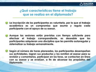 Se espera también que cada participante se autoevalúe y sistematice sus experiencias, exponga sus ideas, aplique sus saberes e incorpore en sus proyectos los aprendizajes obtenidos en éste diplomado. ¿Qué rubros y criterios se tomarán en cuenta en la evaluación?Puntaje mínimo para acreditar el Diplomado: 80 puntos.