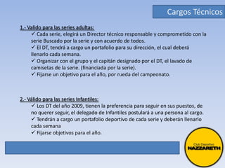 Cargos Técnicos1.- Valido para las series adultas: Cada serie, elegirá un Director técnico responsable y comprometido con la serie Buscado por la serie y con acuerdo de todos.