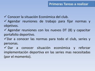  Fijarse un objetivo para el año, por rueda del campeonato.2.- Válido para las series Infantiles: Los DT del año 2009, tienen la preferencia para seguir en sus puestos, de no querer seguir, el delegado de Infantiles postulará a una persona al cargo.