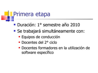 Primera etapa Duración: 1° semestre año 2010 Se trabajará simultáneamente con: Equipos de conducción Docentes del 2° ciclo Docentes formadores en la utilización de software específico 