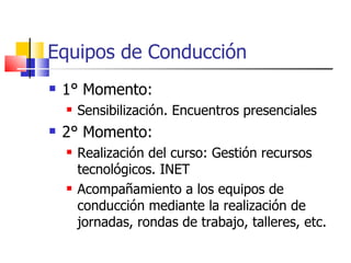 Equipos de Conducción 1° Momento: Sensibilización. Encuentros presenciales 2° Momento: Realización del curso: Gestión recursos tecnológicos. INET Acompañamiento a los equipos de conducción mediante la realización de jornadas, rondas de trabajo, talleres, etc. 
